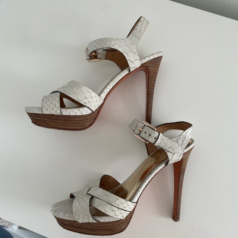 Coach white snakeskin strap heels, size 8